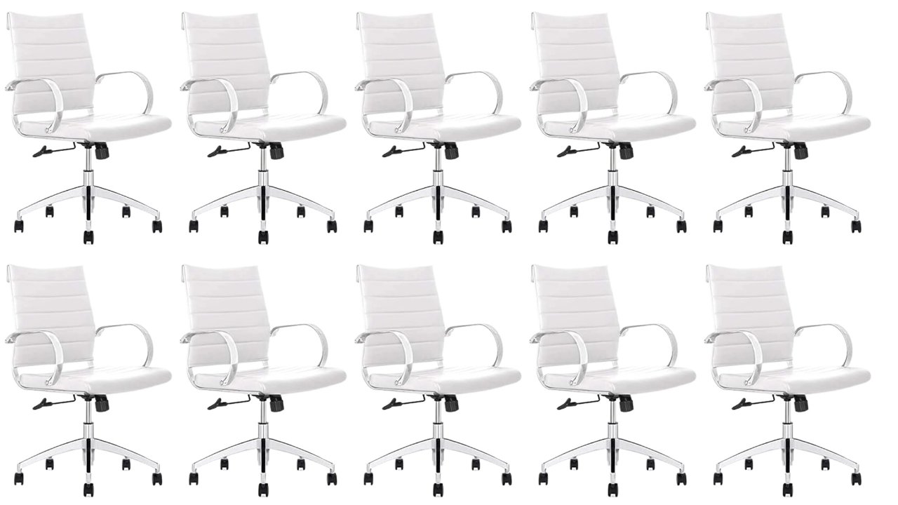 thumbnail image 2 of GM Seating Ribbed Mid Back Desk Chair - Lumbar Support, Modern Style Executive Chair For Home And Office - 360 Swivel Rolling Wheels - Aluminum Chrome Frame & Base - (White & Chrome 2 of 10