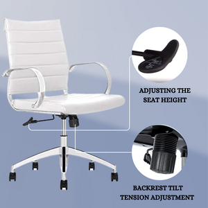 GM Seating Ribbed Mid-Back Desk Chair - High Back Lumbar Support, Modern Style Executive chair for Home and Office - 360 Swivel Rolling Wheels - Aluminum Chrome Frame & Base - White