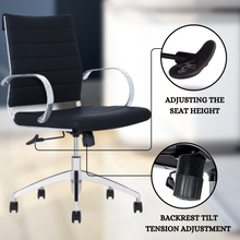 Load image into Gallery viewer, GM Seating Ribbed Mid-Back Desk Chair - Lumbar Support, Modern Style Executive chair for Home and Office - 360 Swivel Rolling Wheels - Aluminum Chrome Frame &amp; Base - Black