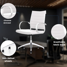 Load image into Gallery viewer, GM Seating Ribbed Mid Back Desk Chair - Lumbar Support, Modern Style Executive Chair for Home and Office - 360 Swivel Rolling Wheels - Aluminum Chrome Frame &amp; Base - (White &amp; Chrome)