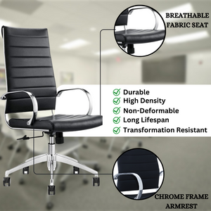 GM Seating Ribbed Mid-Back Desk Chair - Lumbar Support, Modern Style Executive chair for Home and Office - 360 Swivel Rolling Wheels - Aluminum Chrome Frame & Base - Black