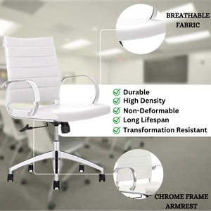 GM Seating Ribbed Mid-Back Desk Chair - High Back Lumbar Support, Modern Style Executive chair for Home and Office - 360 Swivel Rolling Wheels - Aluminum Chrome Frame & Base - White