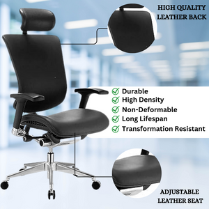 GM Seating Dreem Genuine Leather Ergonomic Office Chair - Lumbar Support, Modern Style Executive chair for Home and Office - Comfortable Desk Chair with Headrest, Seat Slide, Ratchet Back, 4D Adjustable Armrest