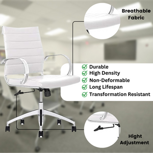 GM Seating Ribbed Mid Back Desk Chair - Lumbar Support, Modern Style Executive Chair for Home and Office - 360 Swivel Rolling Wheels - Aluminum Chrome Frame & Base - (White & Chrome)