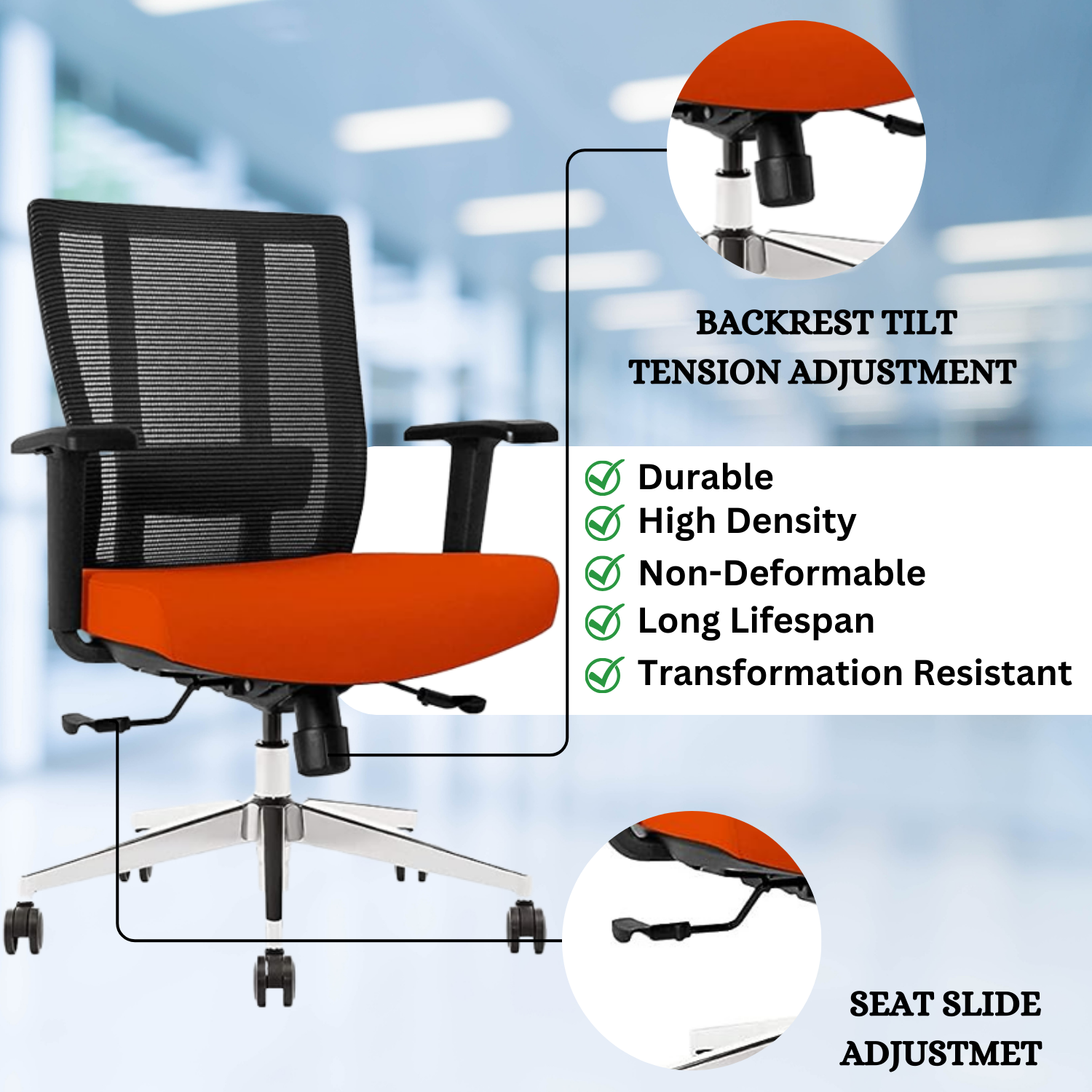 Mesh office task chair fabric seat Reclining feature Seat slide