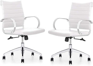 Ribbed Mid Back Conference Room Chairs - Lumbar Support, Modern Style Executive Home Office Chair - 360 Swivel Rolling Wheels - Aluminum Chrome Frame & Base - White Office Chair