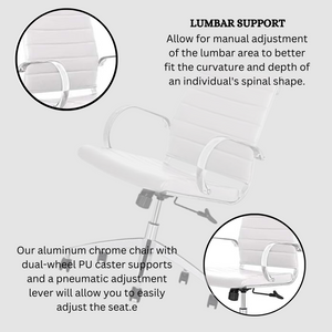 GM Seating Ribbed Mid-Back Desk Chair - High Back Lumbar Support, Modern Style Executive chair for Home and Office - 360 Swivel Rolling Wheels - Aluminum Chrome Frame & Base - White