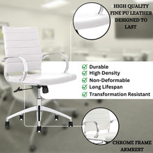 Load image into Gallery viewer, Ribbed Mid Back Conference Room Chairs - Lumbar Support, Modern Style Executive Home Office Chair - 360 Swivel Rolling Wheels - Aluminum Chrome Frame &amp; Base - White Office Chair