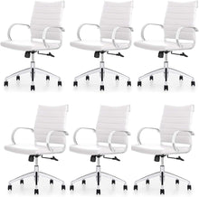 Load image into Gallery viewer, Ribbed Mid Back Conference Room Chairs - Lumbar Support, Modern Style Executive Home Office Chair - 360 Swivel Rolling Wheels - Aluminum Chrome Frame &amp; Base - White Office Chair