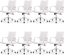 Load image into Gallery viewer, Ribbed Mid Back Conference Room Chairs - Lumbar Support, Modern Style Executive Home Office Chair - 360 Swivel Rolling Wheels - Aluminum Chrome Frame &amp; Base - White Office Chair