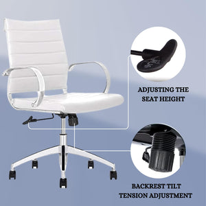 Ribbed Mid Back Conference Room Chairs - Lumbar Support, Modern Style Executive Home Office Chair - 360 Swivel Rolling Wheels - Aluminum Chrome Frame & Base - White Office Chair