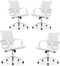 Load image into Gallery viewer, Ribbed Mid Back Conference Room Chairs - Lumbar Support, Modern Style Executive Home Office Chair - 360 Swivel Rolling Wheels - Aluminum Chrome Frame &amp; Base - White Office Chair