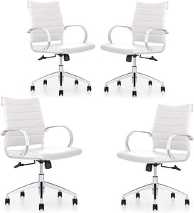 Ribbed Mid Back Conference Room Chairs - Lumbar Support, Modern Style Executive Home Office Chair - 360 Swivel Rolling Wheels - Aluminum Chrome Frame & Base - White Office Chair