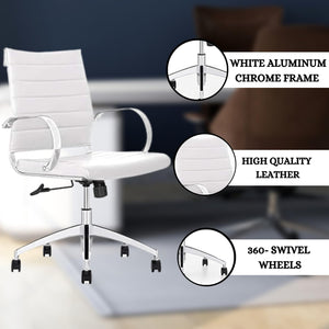 Ribbed Mid Back Conference Room Chairs - Lumbar Support, Modern Style Executive Home Office Chair - 360 Swivel Rolling Wheels - Aluminum Chrome Frame & Base - White Office Chair