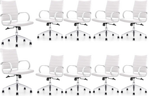 Ribbed Mid Back Conference Room Chairs - Lumbar Support, Modern Style Executive Home Office Chair - 360 Swivel Rolling Wheels - Aluminum Chrome Frame & Base - White Office Chair