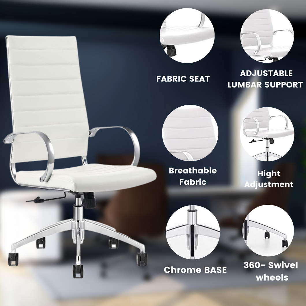 thumbnail image 2 of GM Seating Ribbed Mid Back Desk Chair - Lumbar Support, Modern Style Executive Chair For Home And Office - 360 Swivel Rolling Wheels - Aluminum Chrome Frame & Base - (White & Chrome 2 of 10