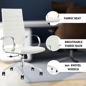 GM Seating Ribbed Mid-Back Desk Chair - High Back Lumbar Support, Modern Style Executive chair for Home and Office - 360 Swivel Rolling Wheels - Aluminum Chrome Frame & Base - White