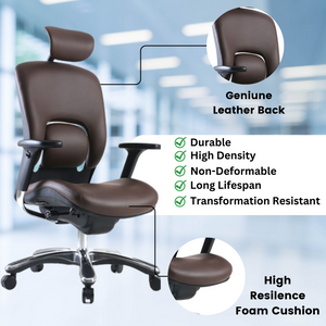 GM Seating Ergolux Genuine Leather Executive Hi Swivel Chair Chrome Base with Headrest Lumbar Support, Modern Ergonomic Chair for Home Office - Comfortable Desk Chair, Adjustable Armrest Brown