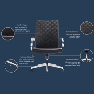 GM Seating Weeve Office Chair - High-Back Adjustable Swivel Desk Chair for Home or Office - Leather Executive Office Chair with Aluminum Arms & Base - Black